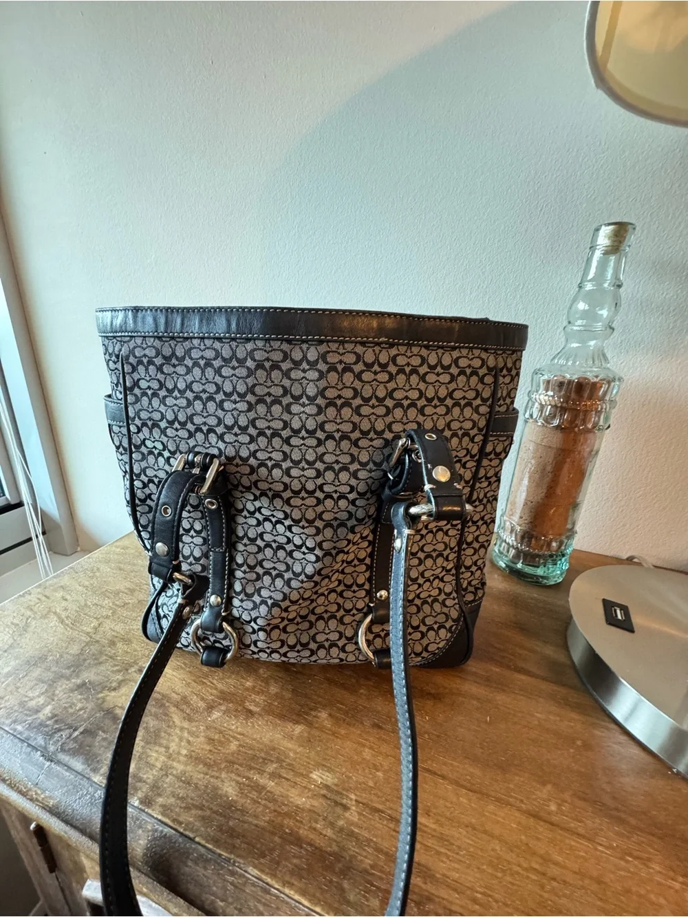 Coach Signature Pattern Black and Gray Tote with Leather Trim